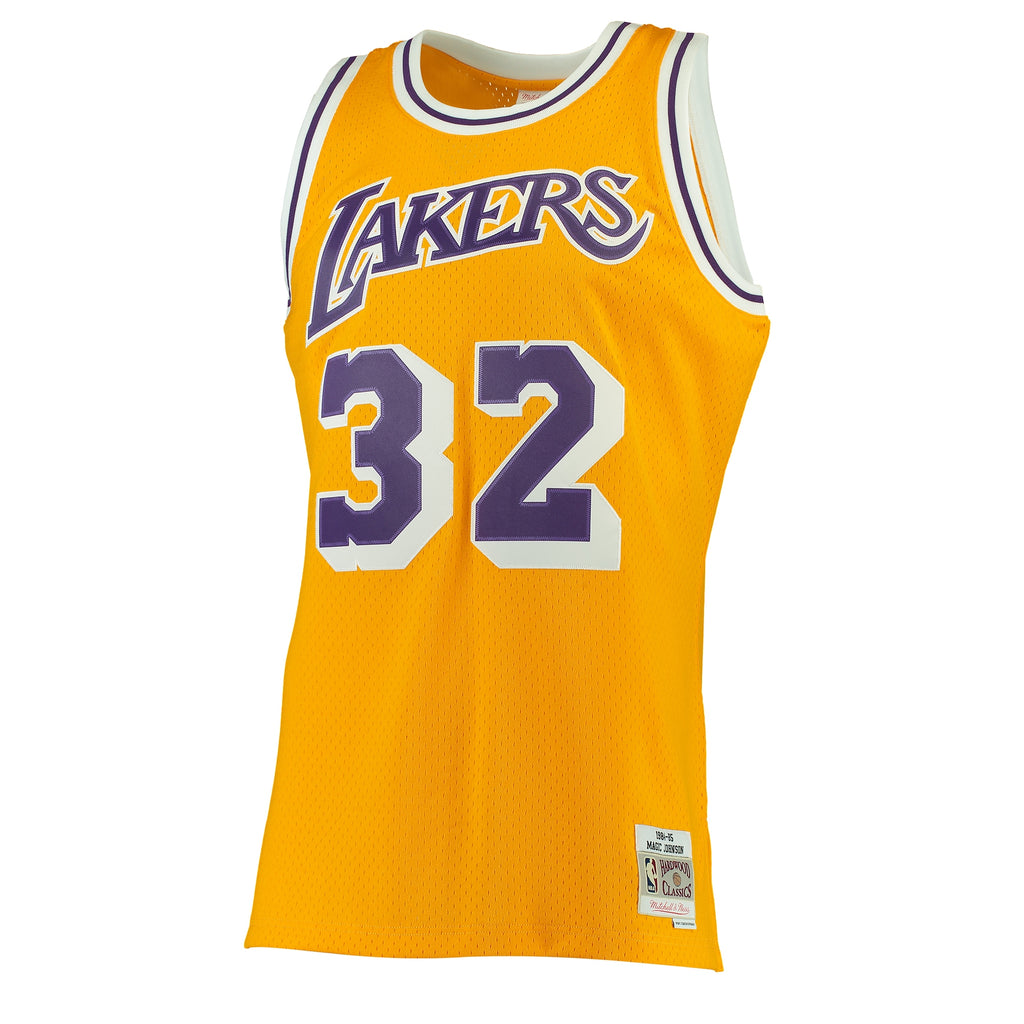 Men's Mitchell & Ness Magic Johnson Gold Los Angeles Lakers 1984-85 Hardwood Classics Swingman Jersey