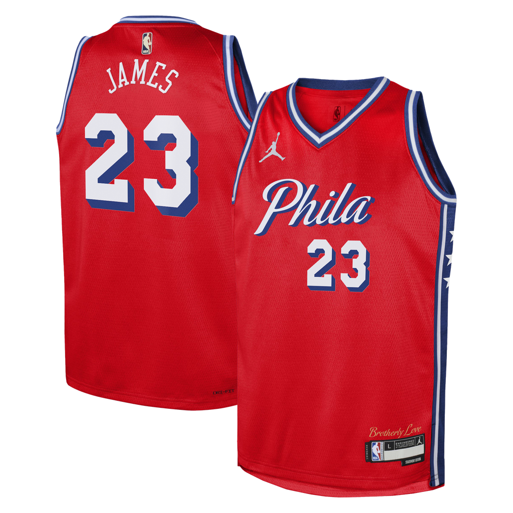 Philadelphia 76ers Jordan Brand Statement Edition Swingman Jersey - Red - Lebron James - Youth