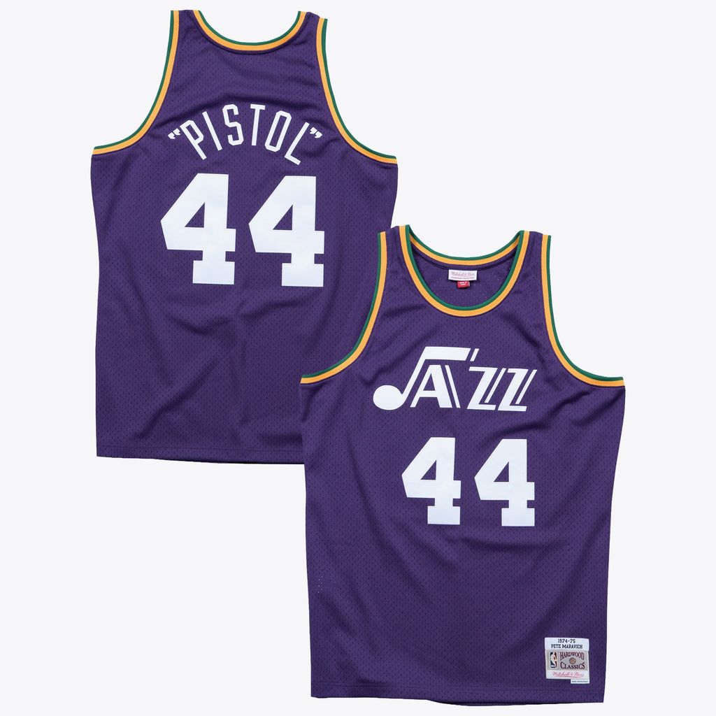 New Orleans Jazz Mitchell & Ness Pete Maravich 1974 Swingman Road Authentic Jersey - Purple