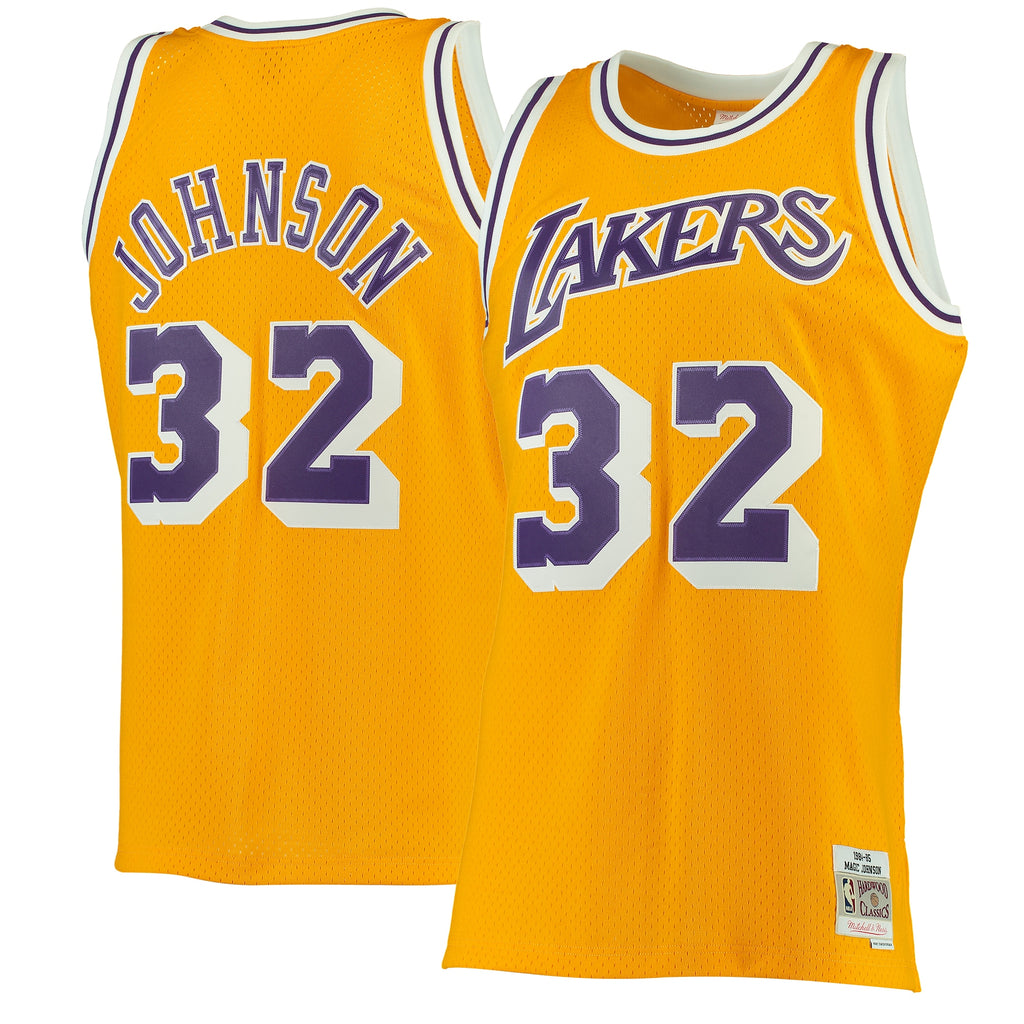 Men's Mitchell & Ness Magic Johnson Gold Los Angeles Lakers 1984-85 Hardwood Classics Swingman Jersey
