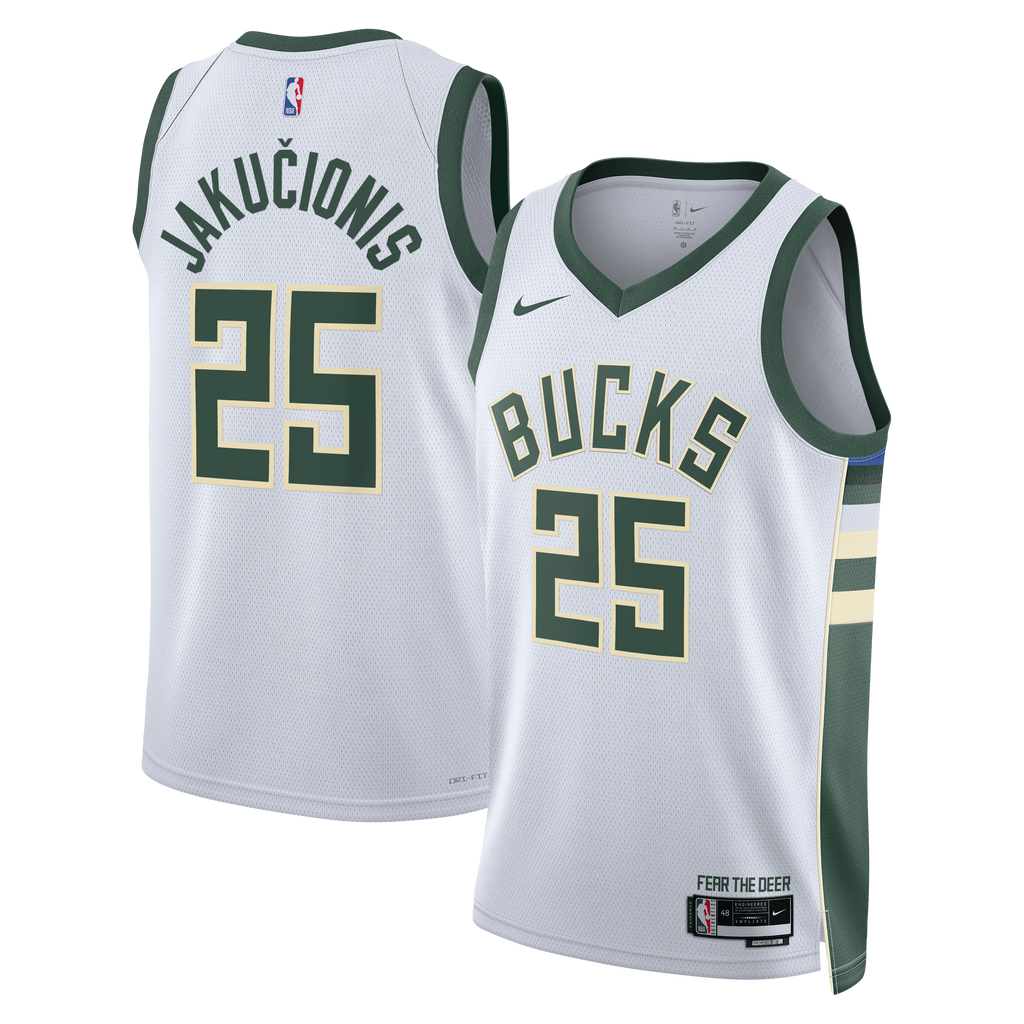 Milwaukee Bucks Nike Association Edition Swingman Jersey - White - Kasparas Jakučionis - Unisex